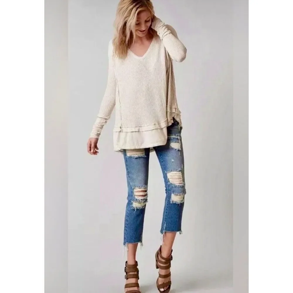 Free People We the Free Laguna Thermal Tunic Raw Edge Frayed Oversized Sz M